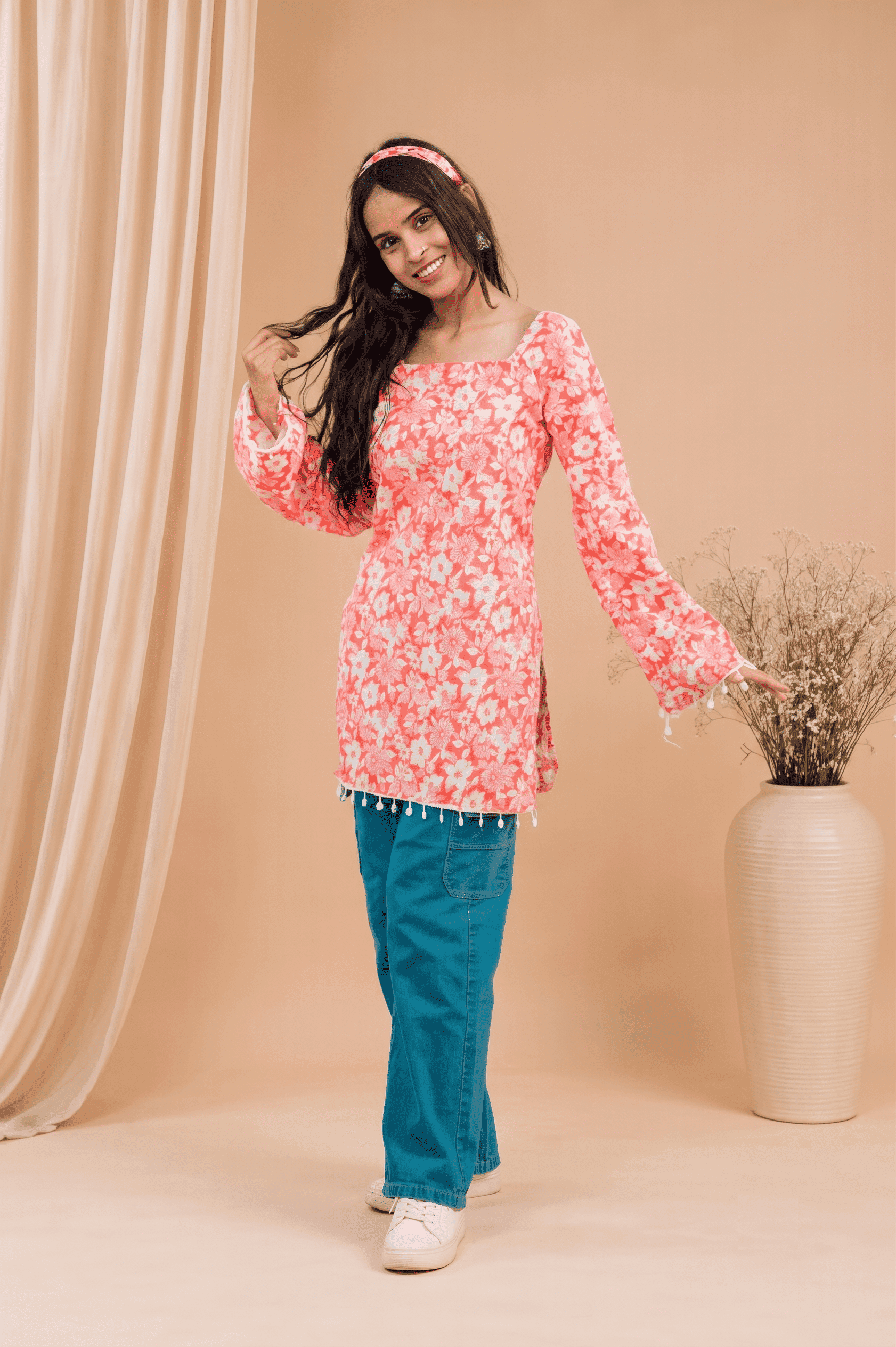 Coral Blossom Kurti